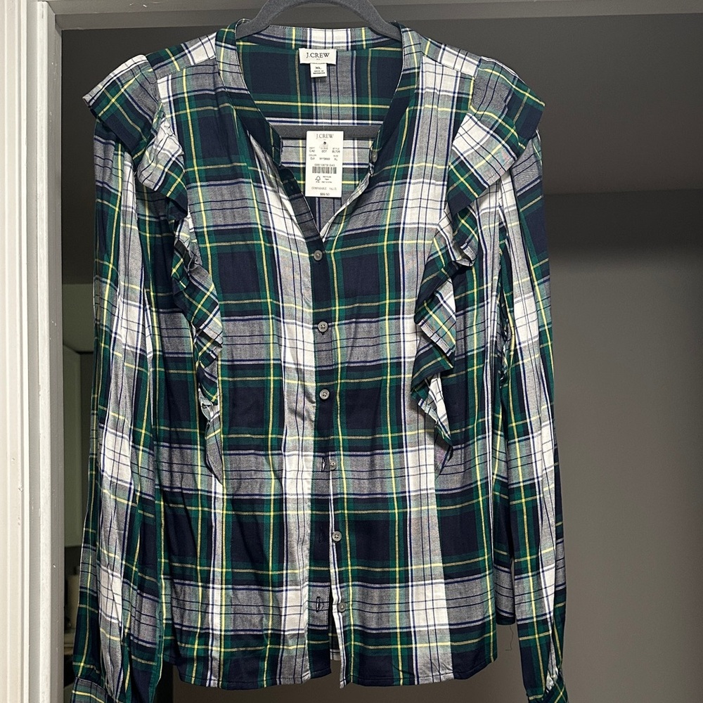 J.Crew Green Plaid Ruffle Blouse, NWT, xl